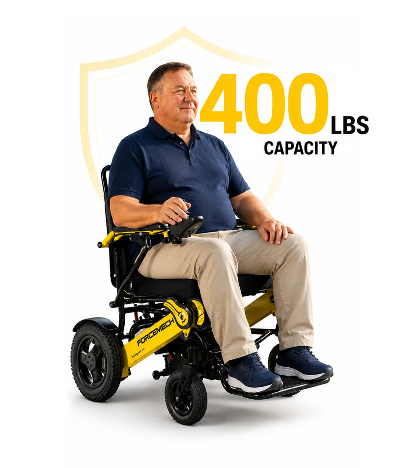 A man seated in a yellow and black powered wheelchair on a white background, with a large yellow and black '400 LBS CAPACITY' badge and faint shield graphic behind him. The wheelchair frame shows the brand FOREMECH.