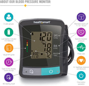 Healthsmart blood pressure monitor with feature icons on a white background