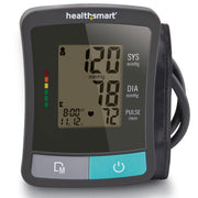 Healthsmart digital wrist blood pressure monitor with a dark gray casing, a black arm cuff, and a screen showing readings of 120 mmHg systolic and 78 mmHg diastolic with a pulse rate of 12/min.