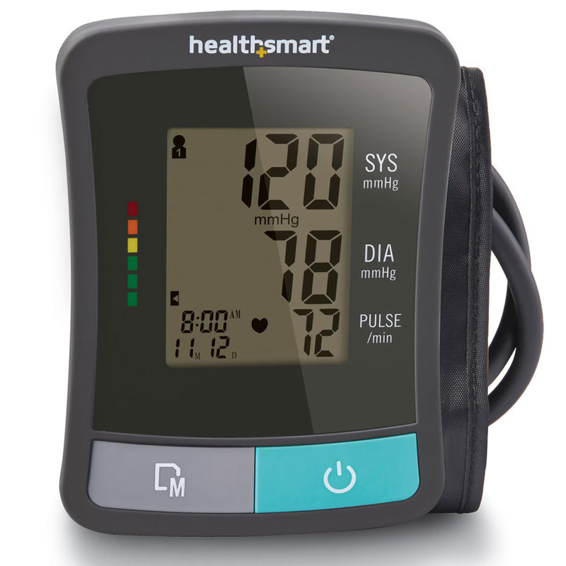Healthsmart digital wrist blood pressure monitor with a dark gray casing, a black arm cuff, and a screen showing readings of 120 mmHg systolic and 78 mmHg diastolic with a pulse rate of 12/min.
