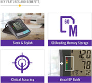 A four-panel marketing graphic for a blood pressure monitor. The top header reads 'KEY FEATURES AND BENEFITS' with a plus sign.