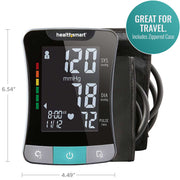 HealthSmart blood pressure monitor with digital display and measurement details, including a zipped case feature.
