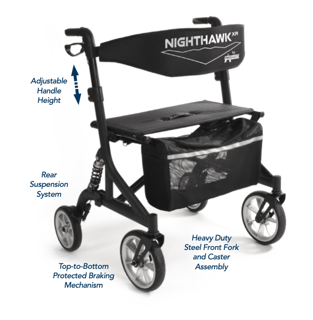Black rollator with features highlighted on a white background