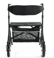 Black walker with seat and storage bag on a white background