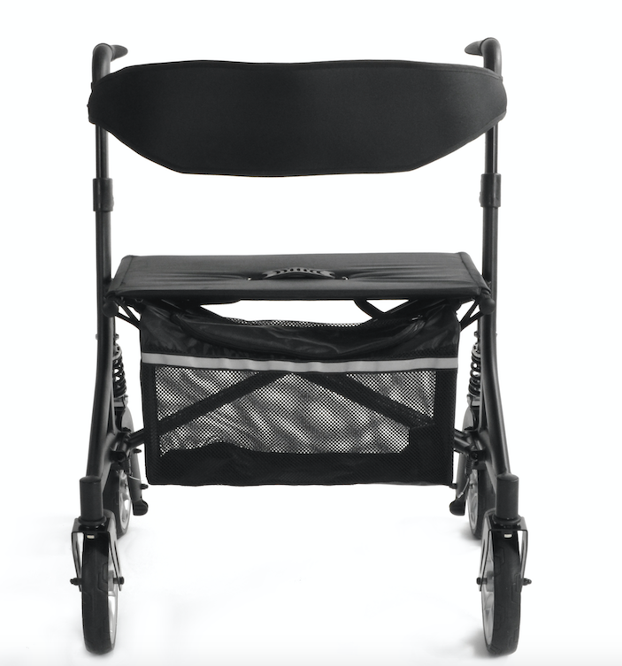 Black walker with seat and storage bag on a white background