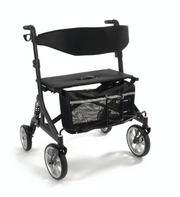 Black rollator with seat and storage basket on a white background