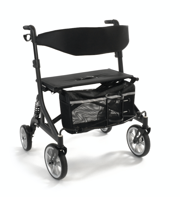 Black rollator with seat and storage basket on a white background