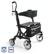Black walker with seat and basket on a white background