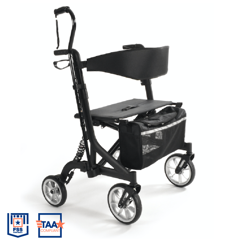 Black walker with seat and basket on a white background