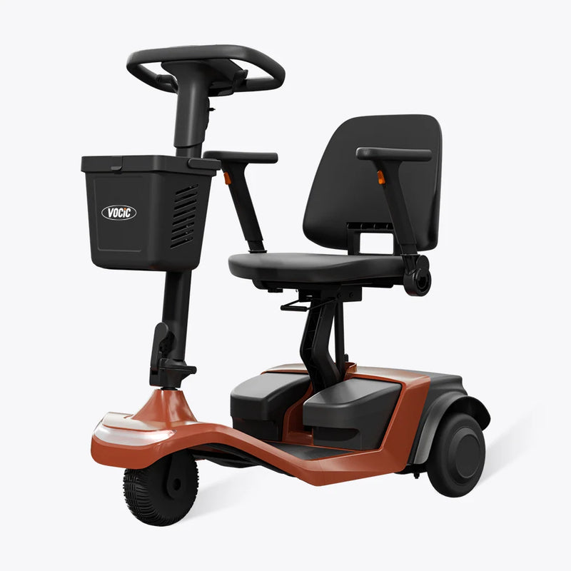 Mobility scooter with a brown base and black seat on a white background