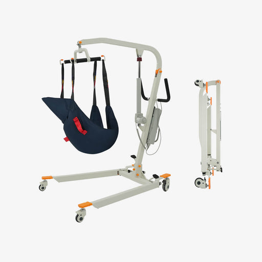A medical lift chair shown on a plain light background, with the main raised chair and sling on the left and a folded view of the same product on the right. The chair is light gray with orange accents and a dark navy sling with small red straps.