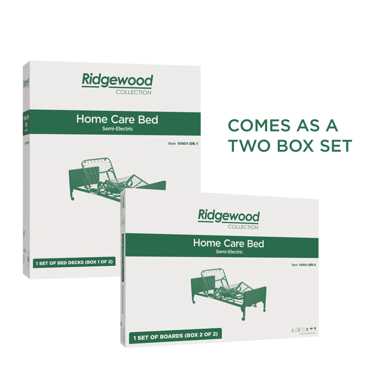Two boxes of Ridgewood Home Care Bed packaging on a white background