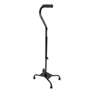 A black metal standing cane with an adjustable handle, four-wheel base, and footrest, shown against a plain white background.