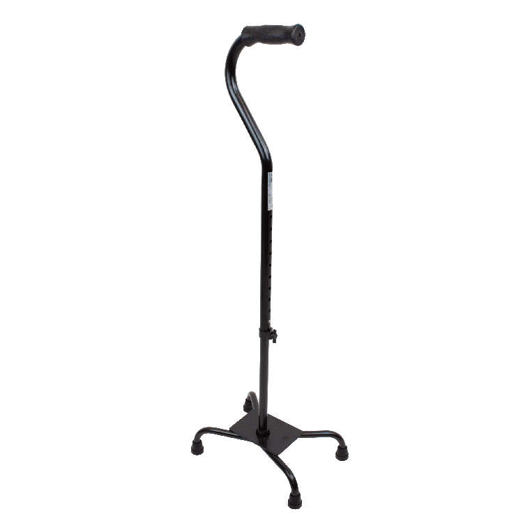 A black metal standing cane with an adjustable handle, four-wheel base, and footrest, shown against a plain white background.