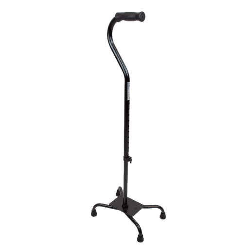 A black metal standing cane with an adjustable handle, four-wheel base, and footrest, shown against a plain white background.