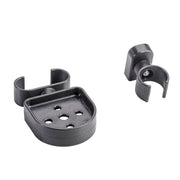 Black metal bracket with circular holes on a white background