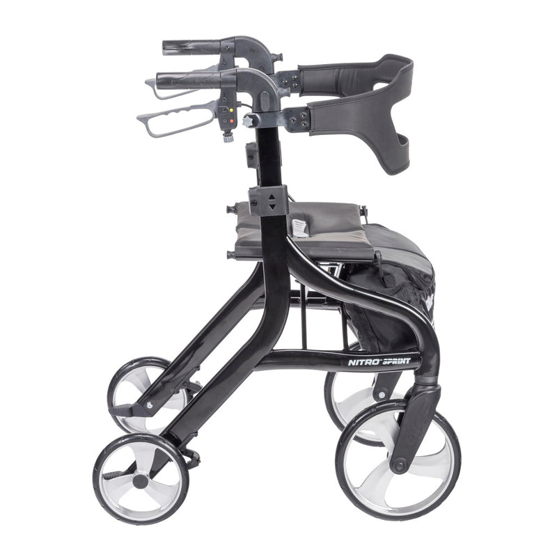 Black rollator with four wheels on a white background