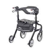 Black walker with seat and wheels on a white background