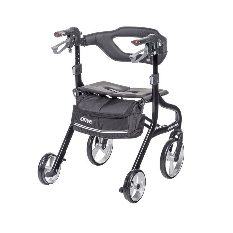 Black walker with seat and wheels on a white background