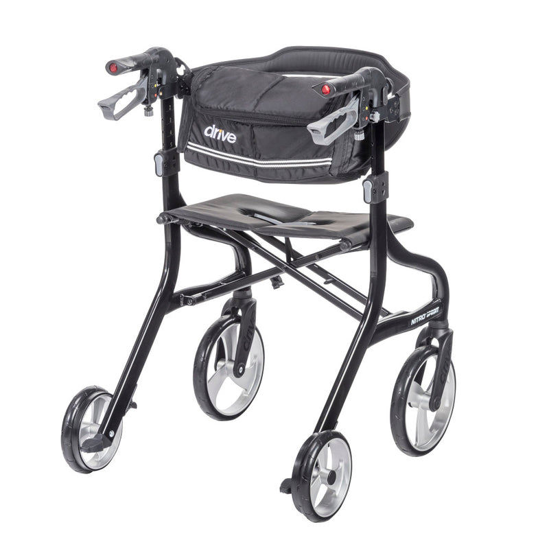 Black walker with seat and bag on a white background