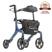 Blue rollator with a black bag and 'Driver' branding, featuring an award badge on a white background.