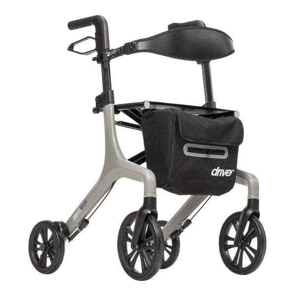 Rollator with a black bag on a white background