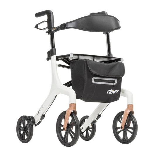 White rollator with black seat and bag on a white background