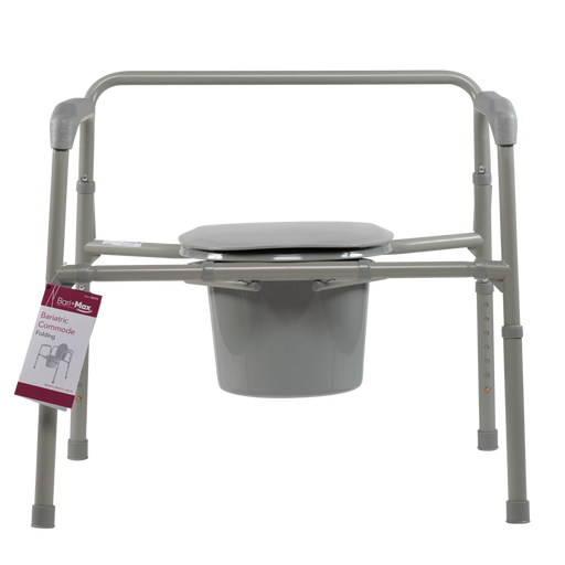 Gray commode chair with a tag on a white background