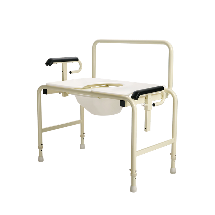 Beige bathroom safety frame with seat and armrests on a white background