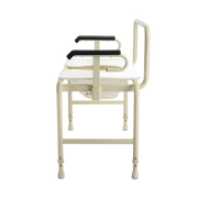A beige metal bathroom commode chair with a white seat, black armrests, and a white plastic bowl, shown from the front on a white background.