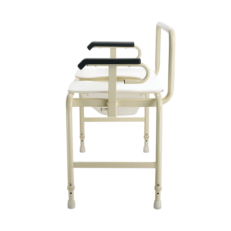 A beige metal bathroom commode chair with a white seat, black armrests, and a white plastic bowl, shown from the front on a white background.