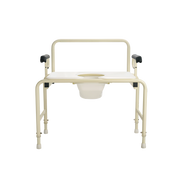 An off-white metal bathroom commode chair with a fold-down seat, a white plastic bowl, and black armrest grips, shown against a plain white background.
