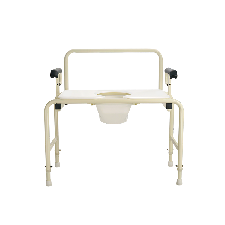 An off-white metal bathroom commode chair with a fold-down seat, a white plastic bowl, and black armrest grips, shown against a plain white background.