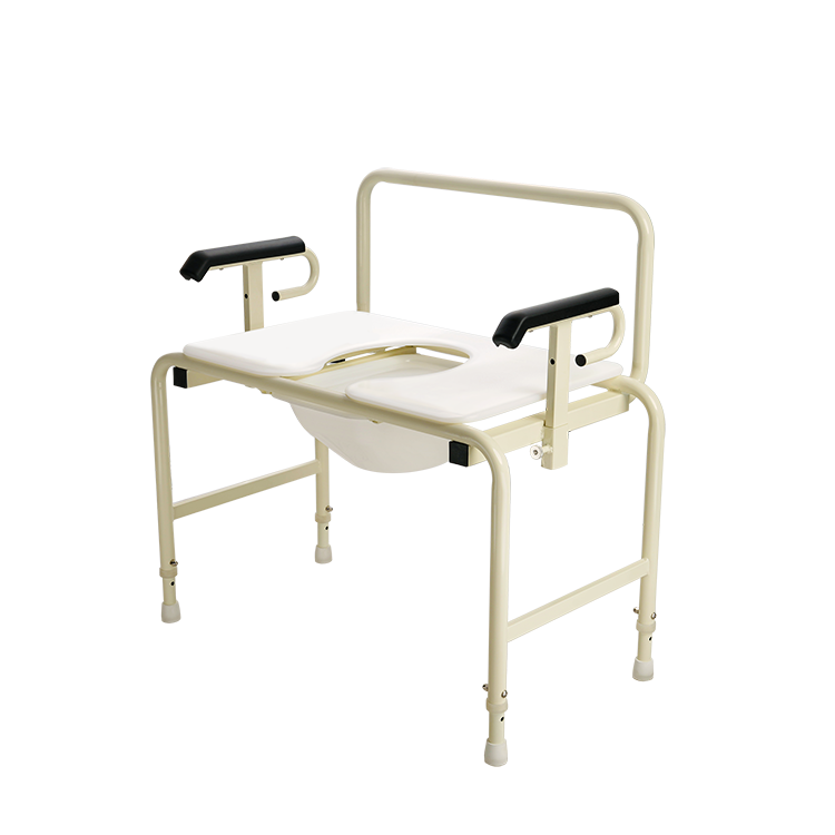 Beige medical bedpan with armrests on a white background