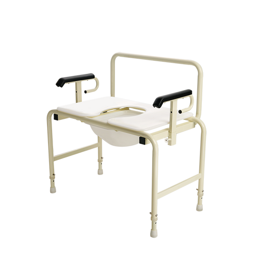 Beige medical bedpan with armrests on a white background