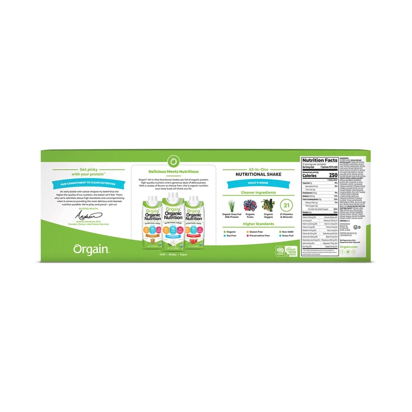 Orgain nutritional shake package with green and white design