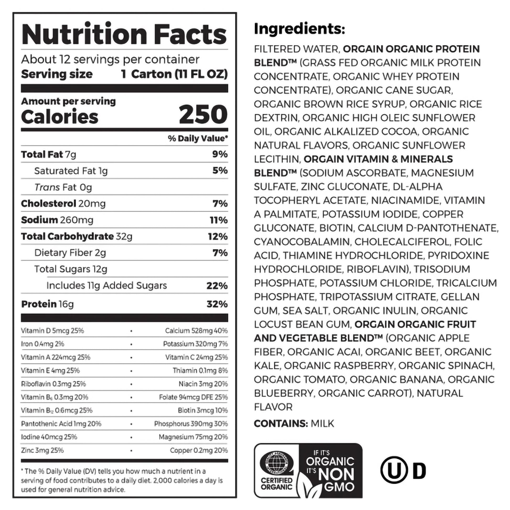 Nutrition facts label and ingredients list for a product
