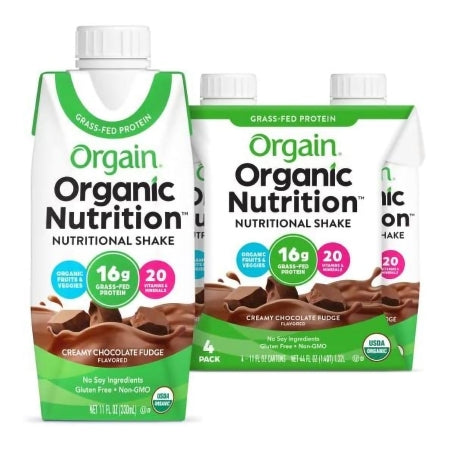 Two packages of Orgain Organic Nutrition Nutritional Shake in Creamy Chocolate Fudge flavor on a white background.