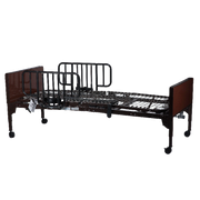 A dark brown and black adjustable hospital-style bed frame with side rails, a wire mattress support, and casters, shown on a plain white background.