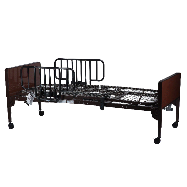 A dark brown and black adjustable hospital-style bed frame with side rails, a wire mattress support, and casters, shown on a plain white background.