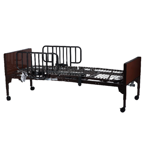 A dark brown and black adjustable hospital-style bed frame with side rails, a wire mattress support, and casters, shown on a plain white background.