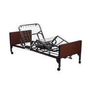 An adjustable hospital-style bed frame with a dark brown metal frame, brown side panels, and a wire mattress support, shown on a plain white background.