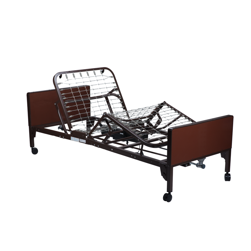 An adjustable hospital-style bed frame with a dark brown metal frame, brown side panels, and a wire mattress support, shown on a plain white background.