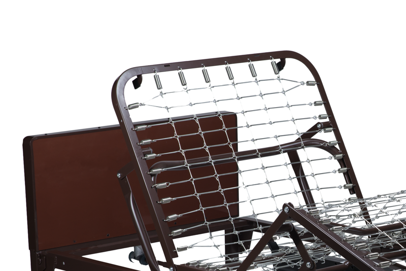 Close-up of a metal adjustable bed frame with a dark brown frame, silver wire mattress support, and a brown headboard against a white background.