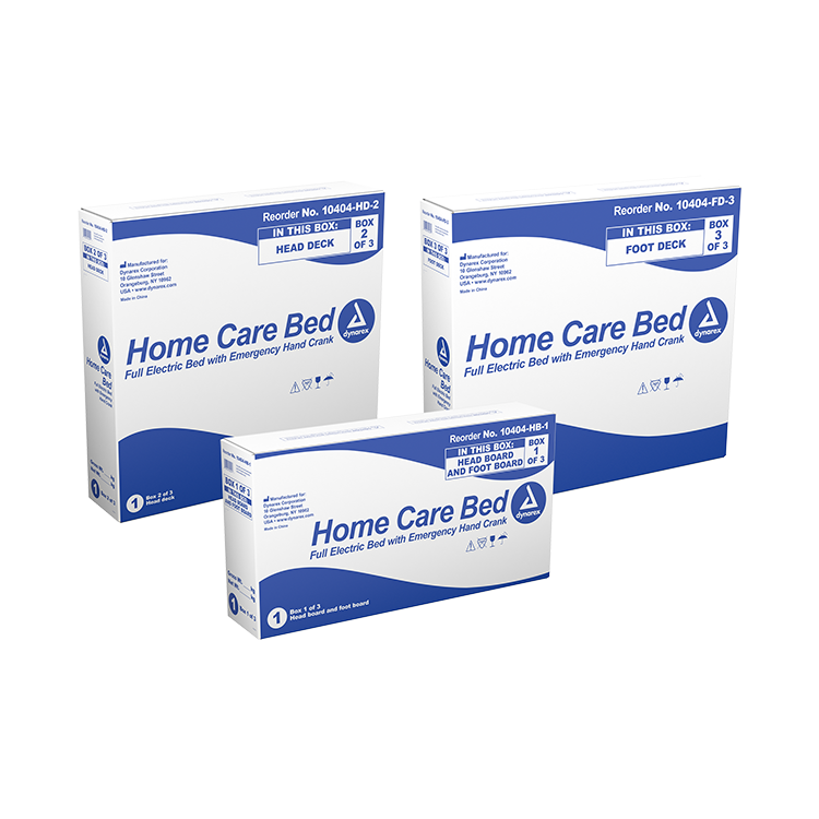Three boxes of Home Care Bed emergency bed covers arranged on a plain white background. The packaging is white with blue text and blue corner accents, and the front box reads 'Home Care Bed' and 'Full Electric Bed with Emergency Care Cover.