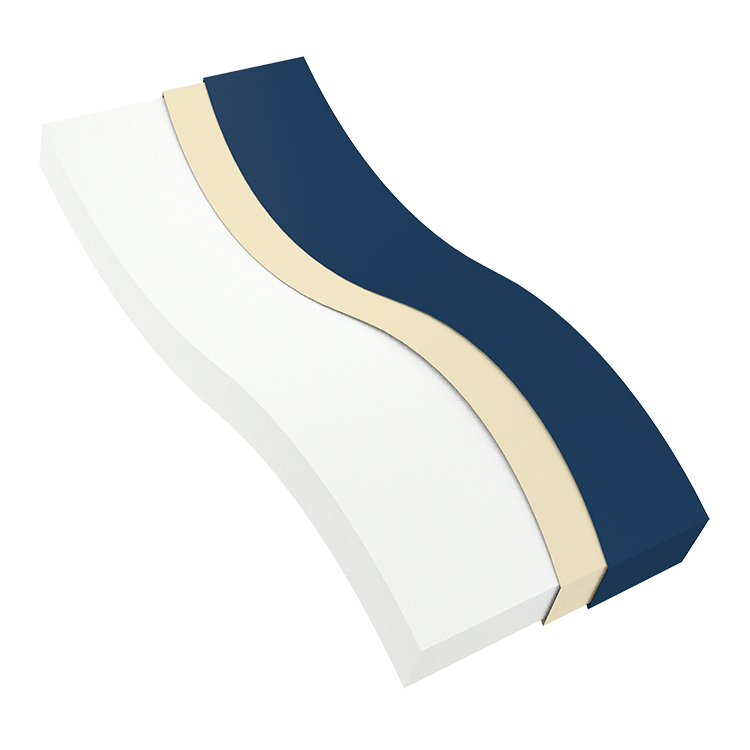 Curved white and blue mattress on a white background