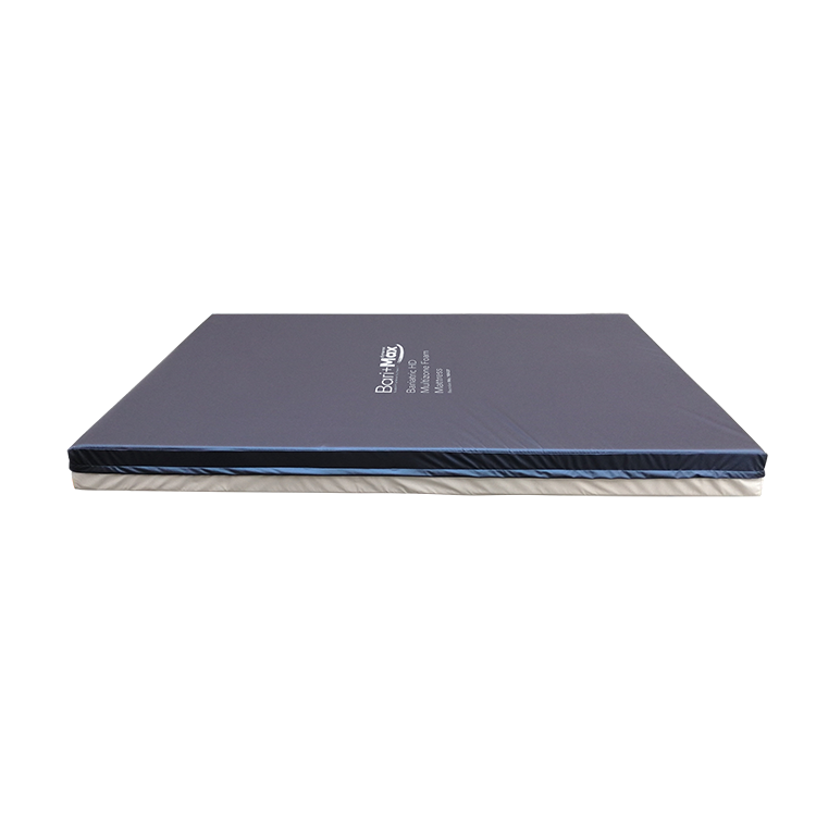 A dark navy blue protective foam pad or mattress topper with a white printed logo, shown from a side angle on a plain white background.