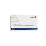 A white rectangular product box for the Dynarest Alternating Pressure Pump and Pad System, featuring blue and gray text and a blue stripe at the bottom, on a plain white background.