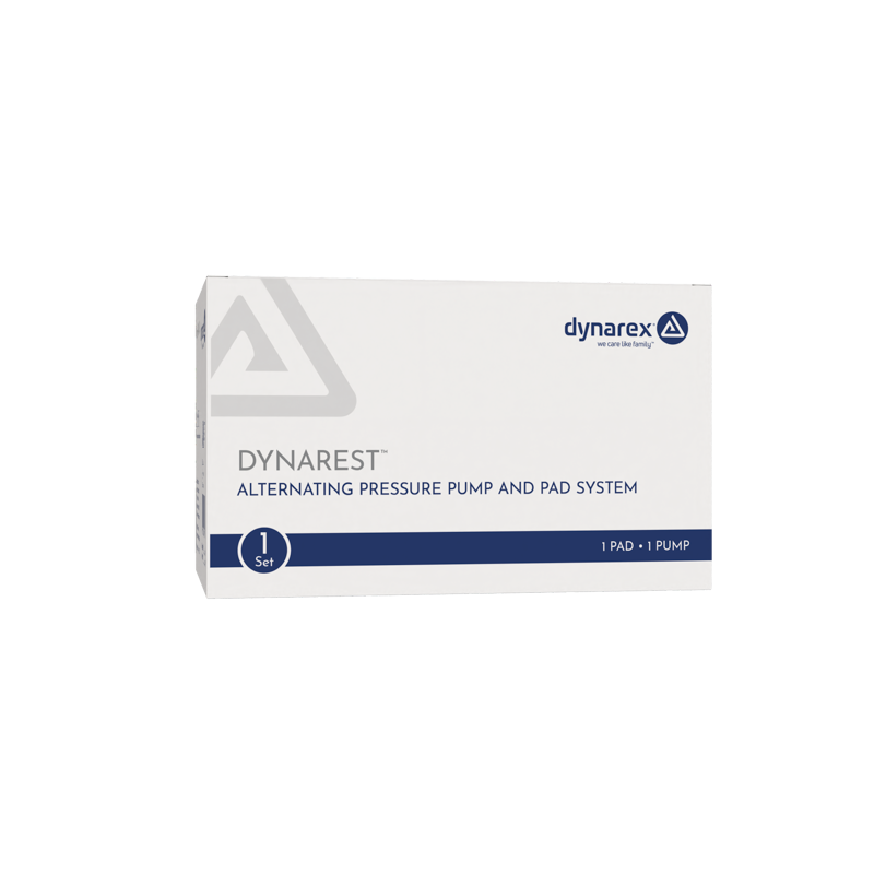 A white rectangular product box for the Dynarest Alternating Pressure Pump and Pad System, featuring blue and gray text and a blue stripe at the bottom, on a plain white background.