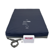 Navy blue air mattress with pump on a white background